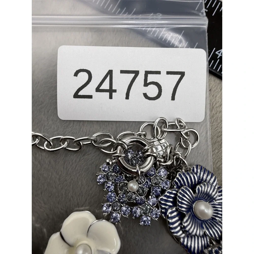 Talbots Necklace Blue White Rhinestone Flower Enamel Floral Charm 17
